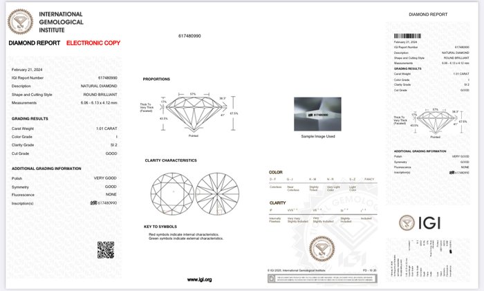 1 pcs Diamant  (Natur)  - 1.01 ct - Rund - I - SI2 - International Gemological Institute (IGI)