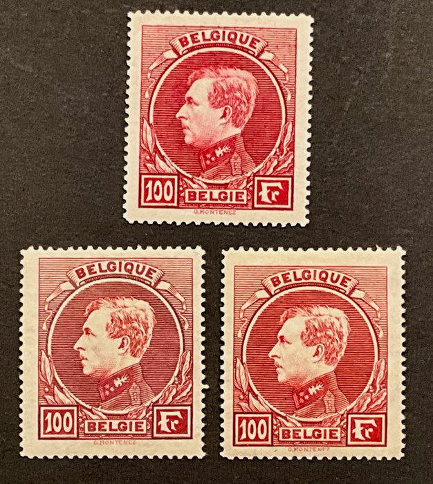 Belgien 1929 - Large Montenez - 100fr i 3 nuancer: Carmine, Carmine Brown, Carmine Red - OBP 292 + 292A + 292B