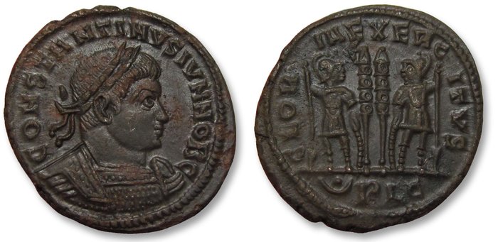 Romarriket. Constantine II as Caesar. Follis Lugdunum (Lyon) mint circa 324-325 A.D. - mintmark (pellet-in-crescent)PLG -