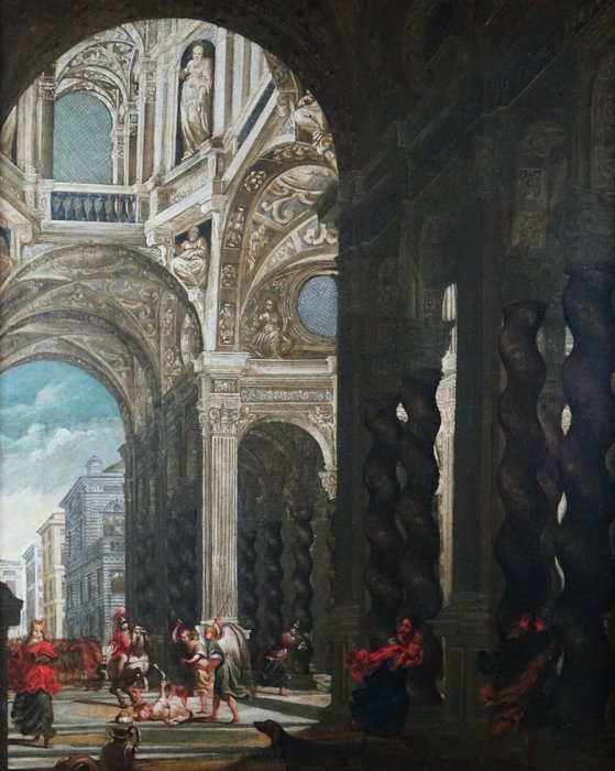 Micco Spadaro (1609/1612-1675), Ambito - Grande capriccio architettonico con scena sacra