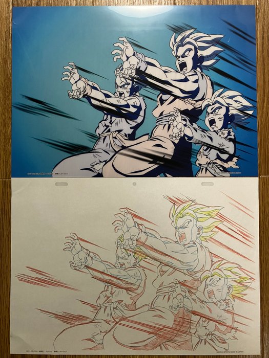 Akira Toriyama - 2 Officielle replikaer af animationscel og sketch - Dragon Ball - The scene where the father and son trio are attacking with the Kamehameha together