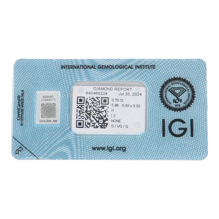 Ingen mindstepris - 1 pcs Diamant  (Natur)  - 0.70 ct - Rund - H - I2 - International Gemological Institute (IGI)