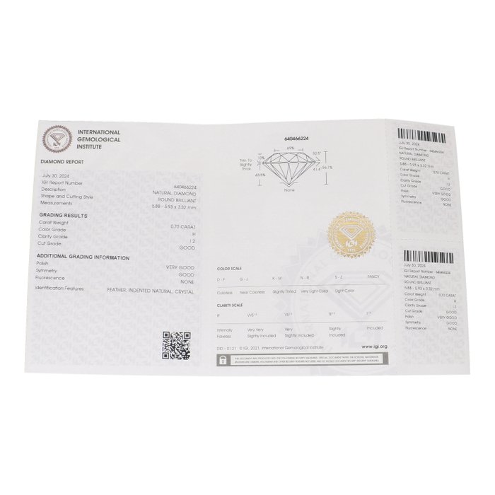 Ingen mindstepris - 1 pcs Diamant  (Natur)  - 0.70 ct - Rund - H - I2 - International Gemological Institute (IGI)