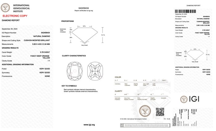 Ingen mindstepris - 1 pcs Diamant  (Naturfarvet)  - 0.78 ct - Pude - Fancy deep Orange Gul - I1 - International Gemological Institute (IGI)