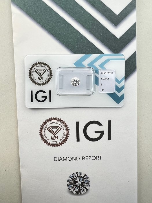 Ingen mindstepris - 1 pcs Diamant  (Natur)  - 1.02 ct - Rund - E - IF - International Gemological Institute (IGI)