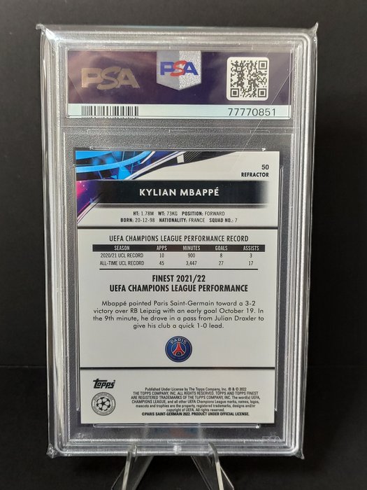 2021/22 Topps Finest Uefa Champions League Kylian Mbappé Refractor PSA 10 Graded card