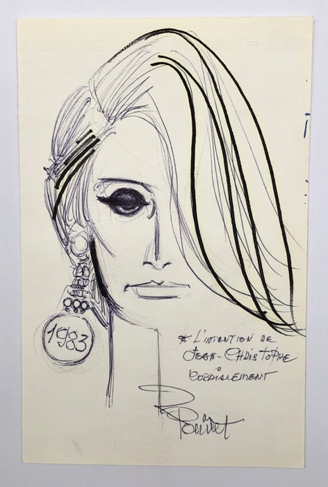 Raymond Poïvet - Original signeret tegning - Portrait de femme - 1983