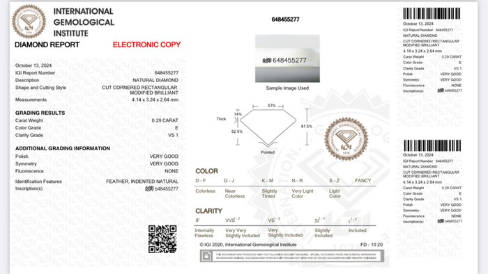 1 pcs Diamant  (Natur)  - 0.29 ct - Radiant - E - VS1 - International Gemological Institute (IGI)