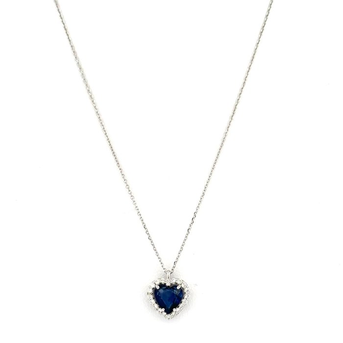 Ingen mindstepris - Handmade - Halskæde - Collana cuore zaffiro - 18 kraat Hvidguld -  0.88ct. tw. Safir - Diamant