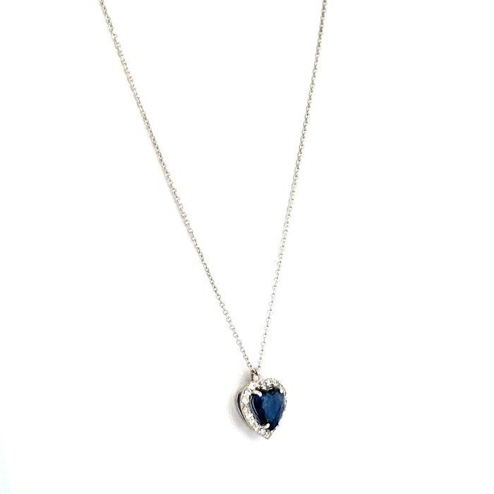 Ingen mindstepris - Handmade - Halskæde - Collana cuore zaffiro - 18 kraat Hvidguld -  0.88ct. tw. Safir - Diamant