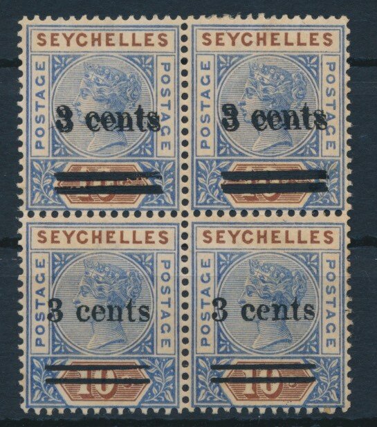 Seychellerne 1901 - Dronning Victoria 3 cents med dobbelt aftryk i en blok på 4 - Stanley Gibbons No. 37/37a (2), mit Fotoattest Behr A.I.E.P.