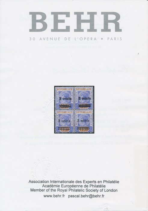 Seychellerne 1901 - Dronning Victoria 3 cents med dobbelt aftryk i en blok på 4 - Stanley Gibbons No. 37/37a (2), mit Fotoattest Behr A.I.E.P.