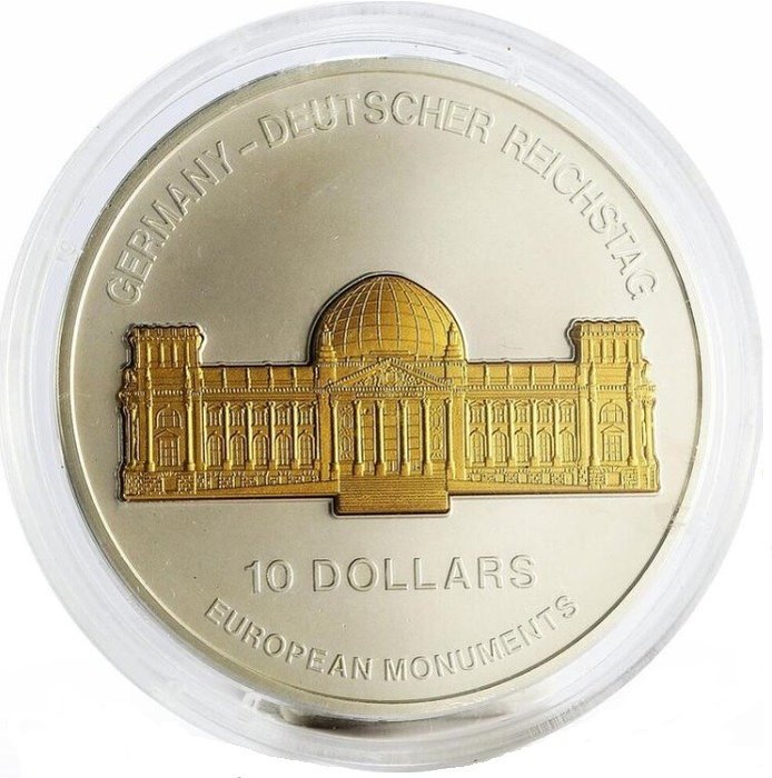 Cook-øerne, Nauru. 1 Dollar / 10 Dollars Silver Proof 2003 Skulpturmünze European Monuments - Germany -  Deutscher Reichstag, 1 Oz (.999) /  (Ingen mindstepris)