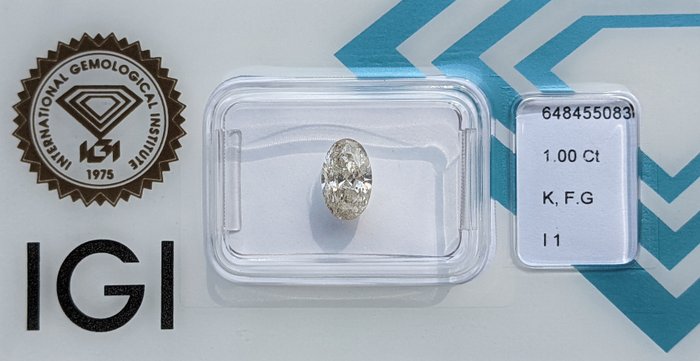 Ingen mindstepris - 1 pcs Diamant  (Naturfarvet)  - 1.00 ct - Oval - Faint Grå - I1 - International Gemological Institute (IGI)