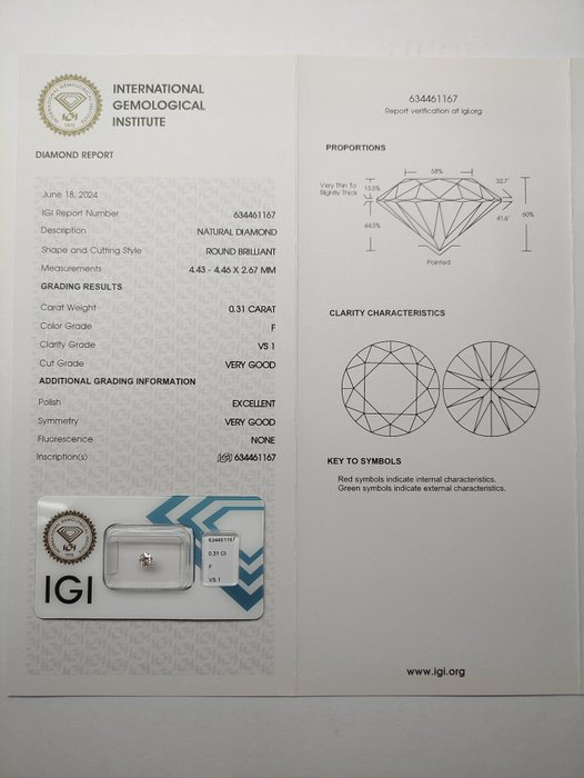 1 pcs Diamant  (Natur)  - 031 ct - Rund - F - VS1 - International Gemological Institute (IGI)