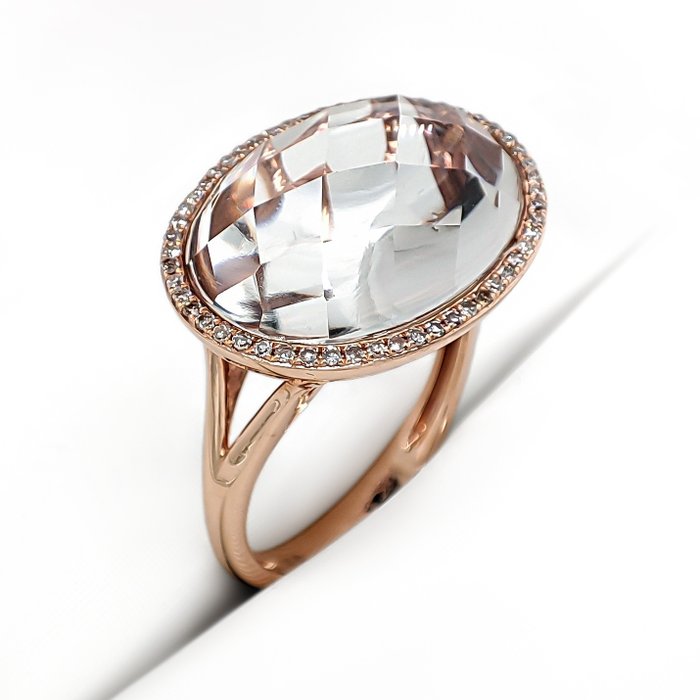 Ring - 14 karat Rosaguld -  9.90ct. tw. Kvarts - Diamant