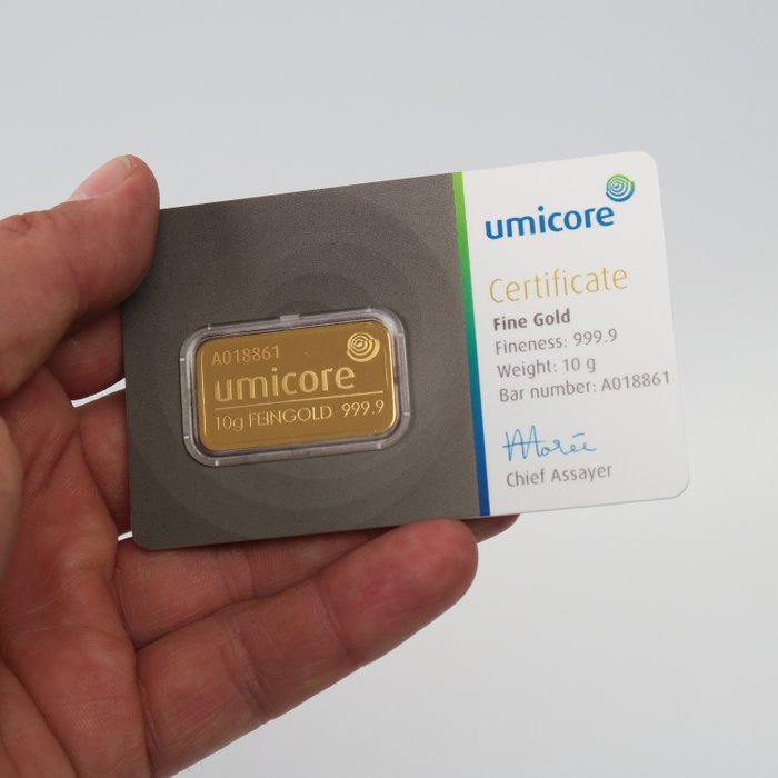 10 gram - Guld 999 - Umicore, Belgium - Forseglet  Med certifikat