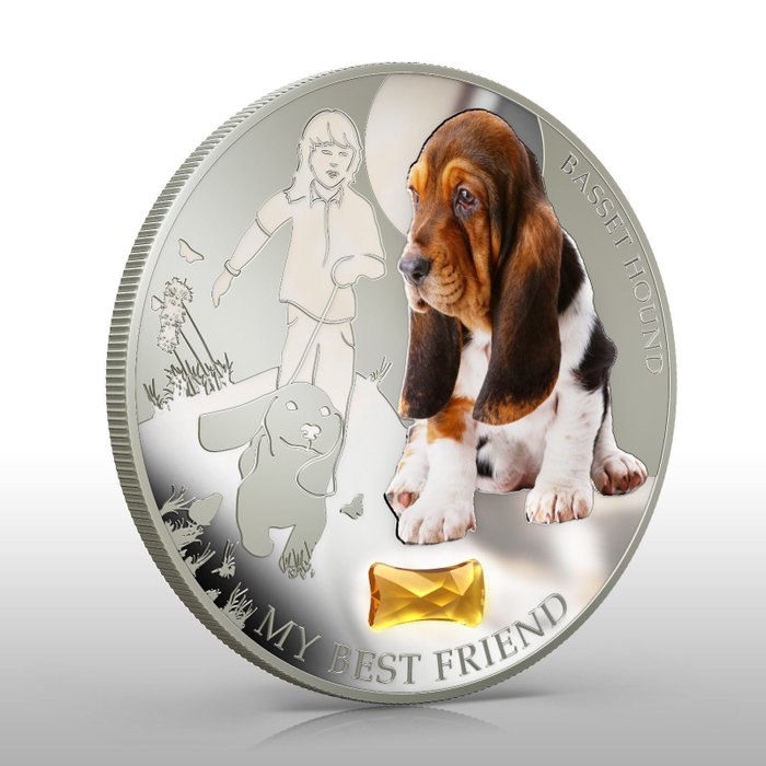 Fiji 2 Dollars 2013 My Best Friend - Basset Hound - With Gem Stone 1 Oz (999)  (Ingen mindstepris)