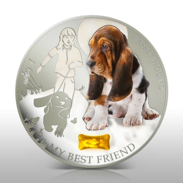 Fiji 2 Dollars 2013 My Best Friend - Basset Hound - With Gem Stone 1 Oz (999)  (Ingen mindstepris)