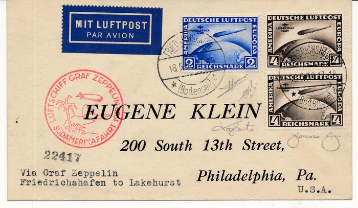 Tyske Kejserrige 1930 - Zeppelin-luftskib LZ 127 - til 1 Sydamerika-flyvning med fotocertifikat fra Sorani - und hochwertiger Frankatur von 2 RM - 4 RM (2)  Michel Nr 438/439