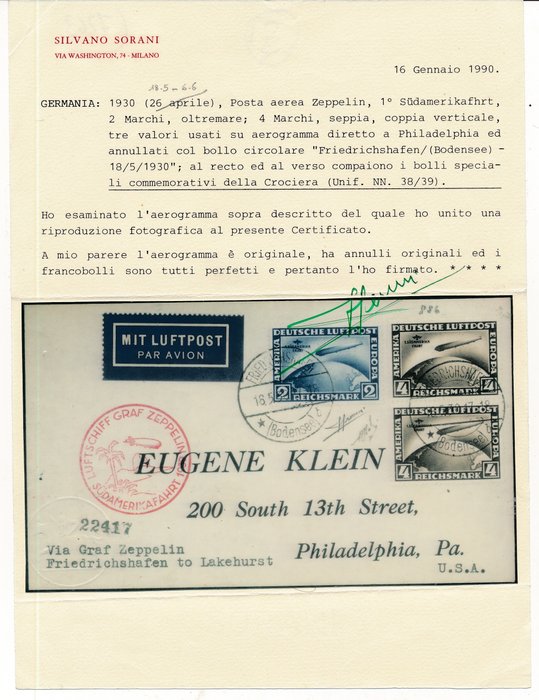 Tyske Kejserrige 1930 - Zeppelin-luftskib LZ 127 - til 1 Sydamerika-flyvning med fotocertifikat fra Sorani - und hochwertiger Frankatur von 2 RM - 4 RM (2)  Michel Nr 438/439