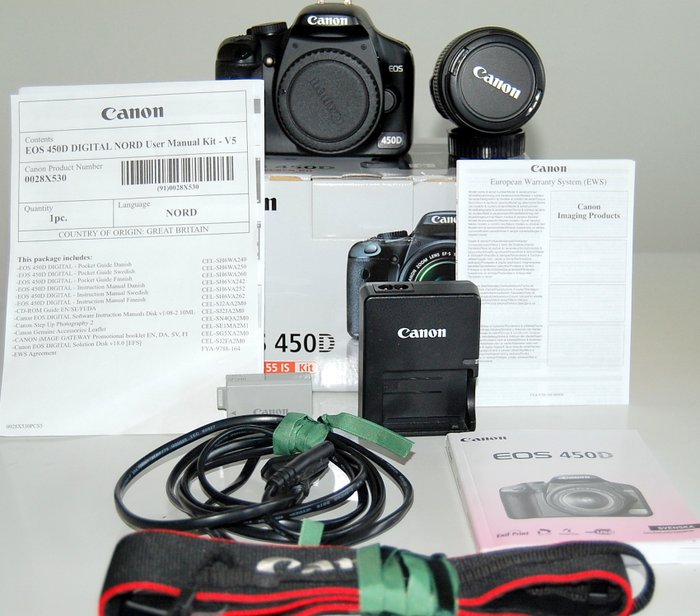 Canon 450D, EF-S 18-55 IS/3.5-5.6, Charger LC-E5E,LP-E5 Battery, Strap,Elite Pro 1GB CF Card,Manual in Digitalkamera