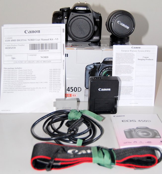 Canon 450D, EF-S 18-55 IS/3.5-5.6, Charger LC-E5E,LP-E5 Battery, Strap,Elite Pro 1GB CF Card,Manual in Digitalkamera