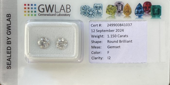 Ingen mindstepris - 2 pcs Diamant  (Natur)  - 1.15 ct - Rund - F - I2 - Gemewizard Gemological Laboratory (GWLab)