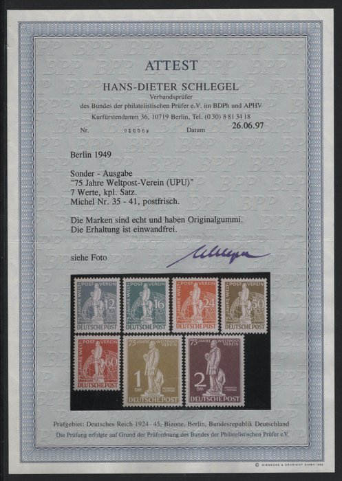 Berlin 1949 - "UPU" komplet med fotocertifikat - Michel 35-41