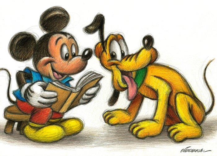 Joan Vizcarra - Happy Mickey Reading to Pluto - Original Pencil Drawing