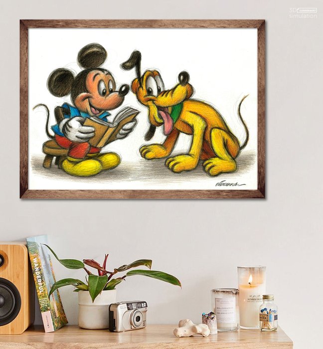 Joan Vizcarra - Happy Mickey Reading to Pluto - Original Pencil Drawing