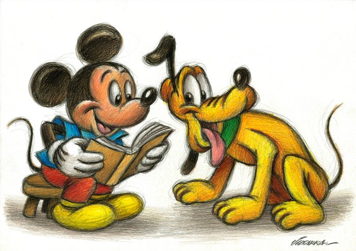 Joan Vizcarra - Happy Mickey Reading to Pluto - Original Pencil Drawing