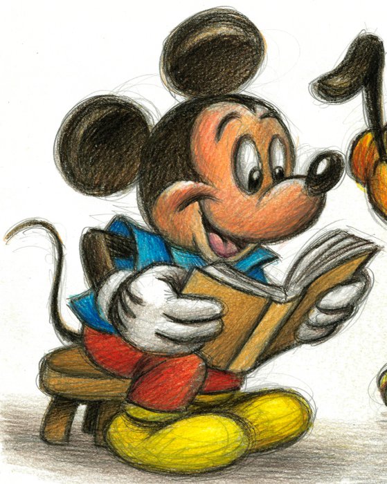 Joan Vizcarra - Happy Mickey Reading to Pluto - Original Pencil Drawing