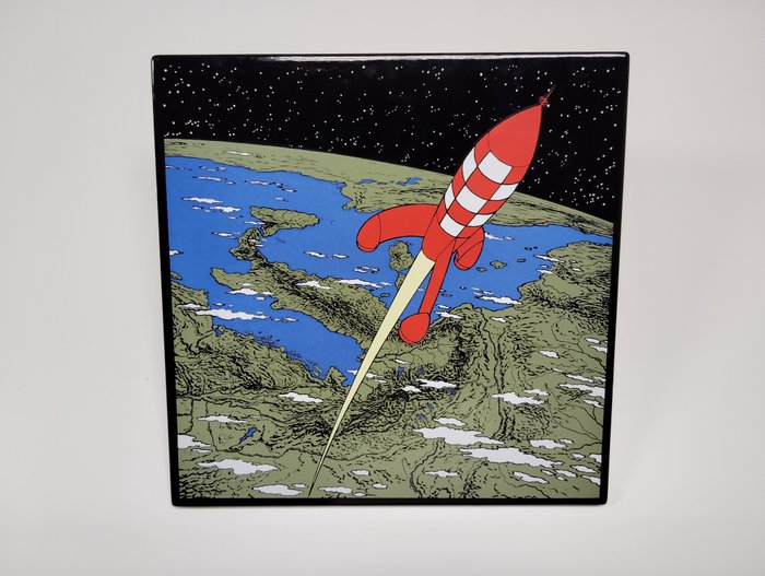 Tintin - plaque émaillée 35x35cm : Fusée quittant la Terre - 1 emaljeret plade - 1985