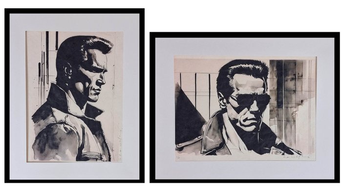 Arnold Schwarzenegger in Terminator - Diptychon - watercolor edition on handmade Kahari Paper by Emma Wildfang