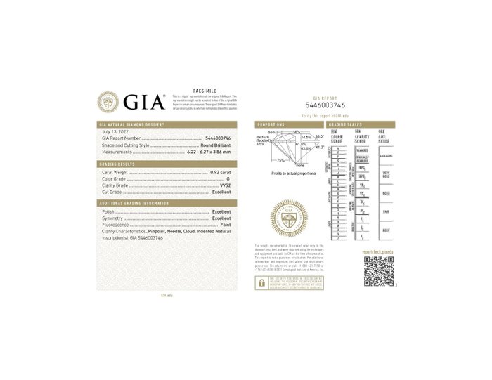 1 pcs Diamant  (Natur)  - 0.92 ct - Rund - G - VVS2 - Gemological Institute of America (GIA) - n102