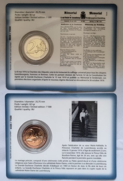 Luxembourg. 2 Euro 2019 "Stemrecht" + "Charlotte" (2 coincards)  (Ingen mindstepris)