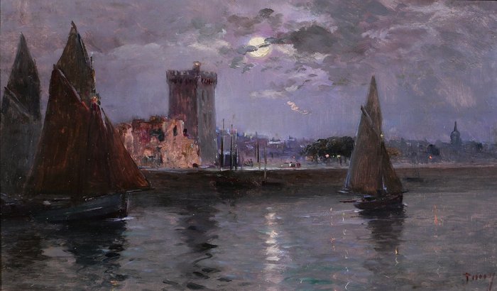 Fransk skole (XX) - France, Les Sables d'Olonne, moonlit landscape