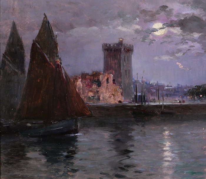 Fransk skole (XX) - France, Les Sables d'Olonne, moonlit landscape