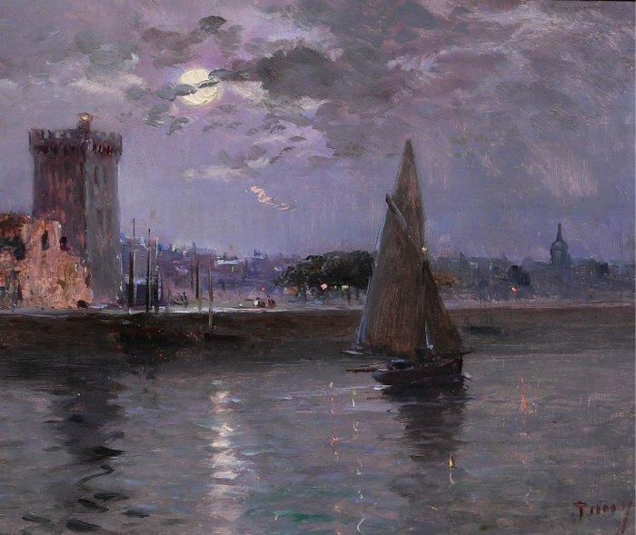 Fransk skole (XX) - France, Les Sables d'Olonne, moonlit landscape