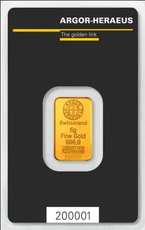 5 gram - Guld 999 - Argor-Heraeus, Switzerland - Forseglet  Med certifikat