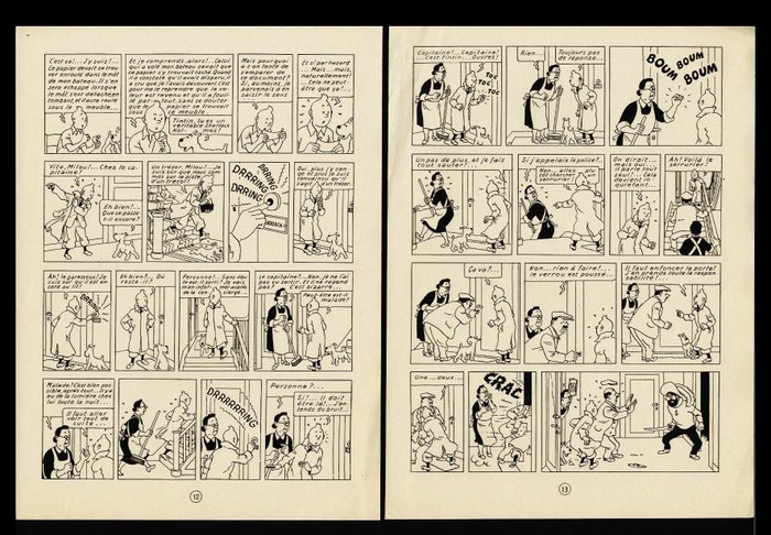 Hergé - Tintin - Pages 12 et 13 - Le secret de la licorne Essais d’imprimerie