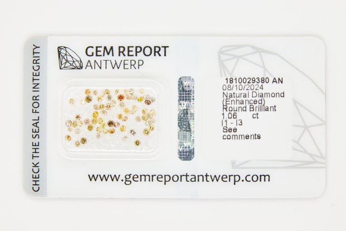 Ingen mindstepris - 65 pcs Diamant  (Farvebehandlet)  - 1.06 ct - Rund - I1, I2, I3 - Gem Report Antwerp (GRA) - INGEN RESERVEPRIS