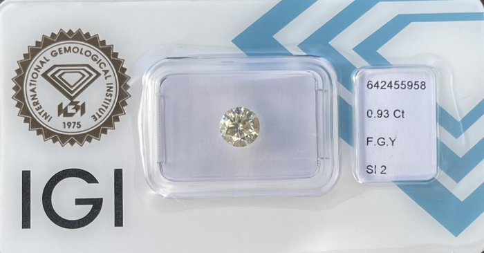 Ingen mindstepris - 1 pcs Diamant  (Natur)  - 0.93 ct - Rund - SI2 - International Gemological Institute (IGI) - Fancy Grøn Gul