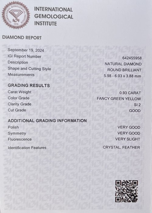 Ingen mindstepris - 1 pcs Diamant  (Natur)  - 0.93 ct - Rund - SI2 - International Gemological Institute (IGI) - Fancy Grøn Gul