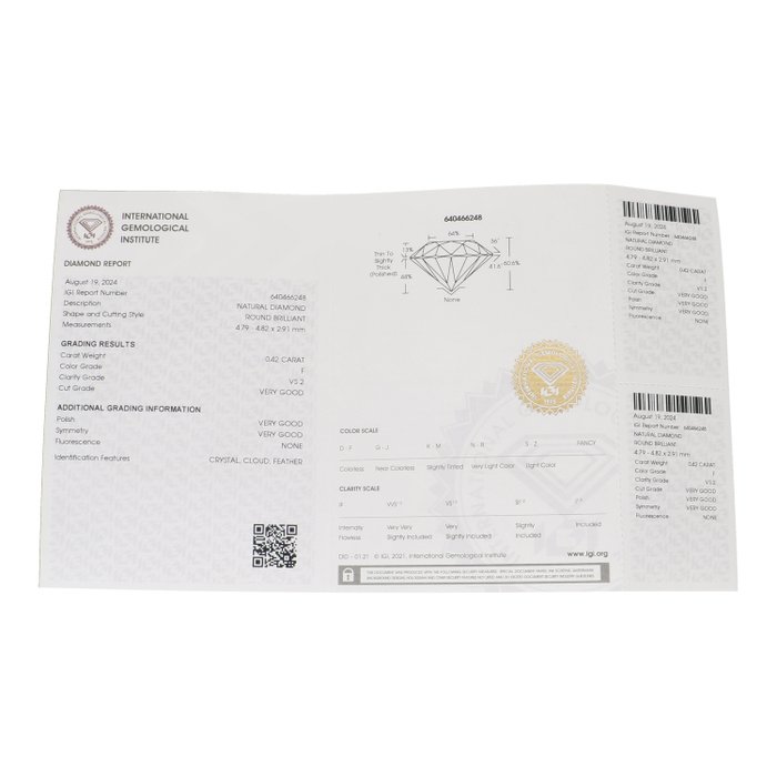 Ingen mindstepris - 1 pcs Diamant  (Natur)  - 0.42 ct - Rund - F - VS2 - International Gemological Institute (IGI)