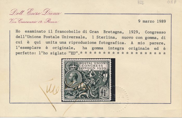 Storbritannien 1929 - UPU Congress, 1 pund King George, sort - Stanley Gibbons No. 438, mit Fotoattest Diena