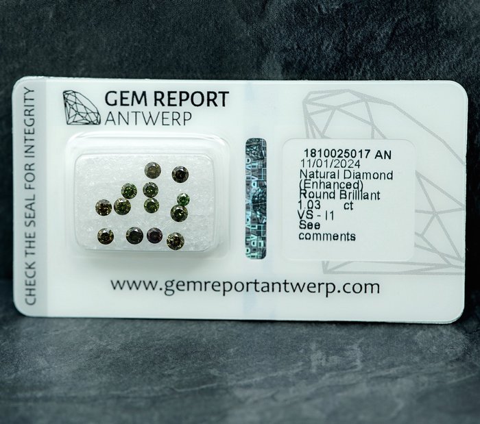 13 pcs Diamant  (Farvebehandlet)  - 1.03 ct - I1, VS1 - Gem Report Antwerp (GRA)