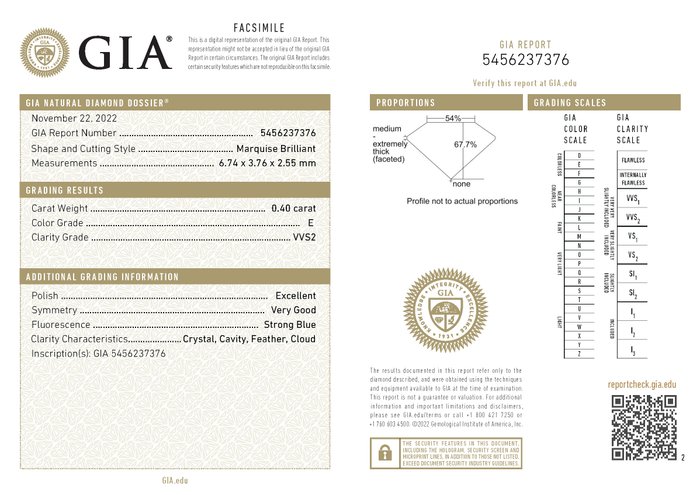 1 pcs Diamant  (Natur)  - 040 ct - Marquise - E - VVS2 - Gemological Institute of America (GIA) - *EX VG*