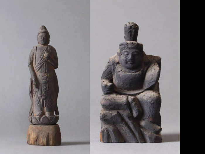 Statues of Kwan Yin / Guanyin and Ebisu – Bodhisattva of Compassion and God of Prosperity - Skulptur - Træ - Japan - Meiji-perioden (1868-1912)  (Ingen mindstepris)